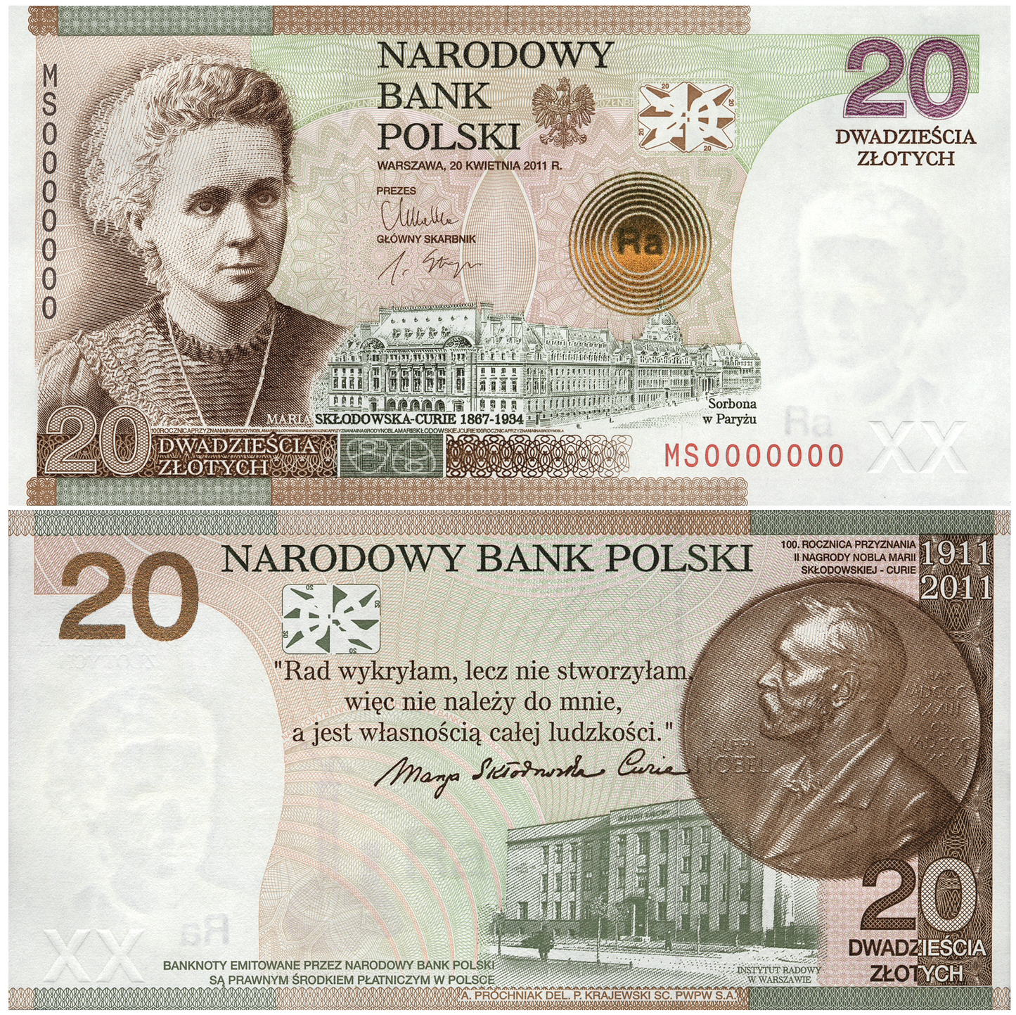 20 zł 100. rocznica przyznania Nagrody Nobla Marii Skłodowskiej-Curie