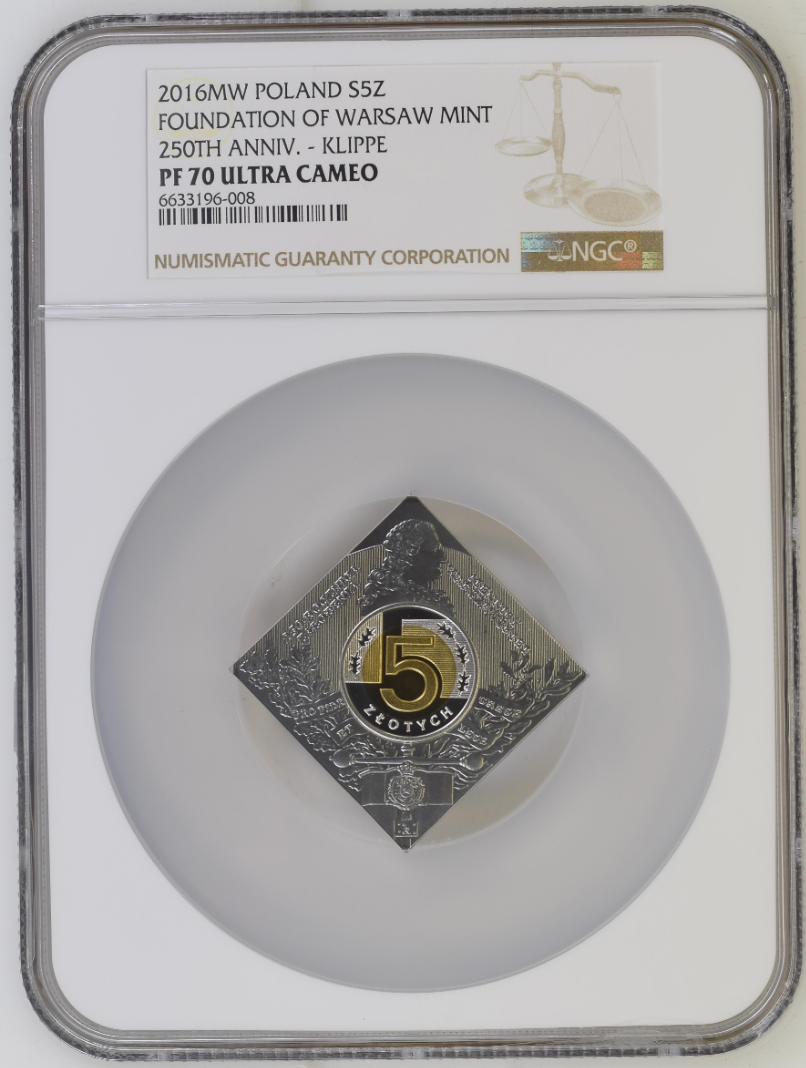 5 zł. 250 Rocznica Założenia Mennicy Warszawskiej  – NGC PF70 MAX NOTA